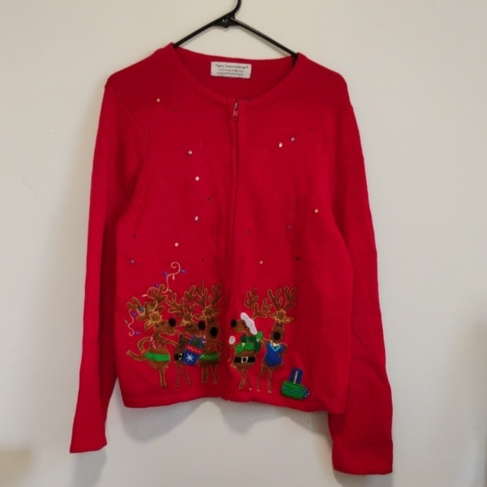 Tiara International | Vintage Red Embroidered Reindeer Ugly Xmas Cardigan | L